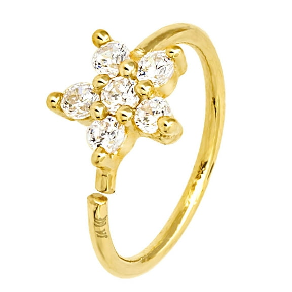 20G 14K Yellow Gold Star/Flower Nose Hoop Ring Twist-open 5/16"(8mm) Unisex Nose Ring CZ Stones 14KNH27FL-CZYG