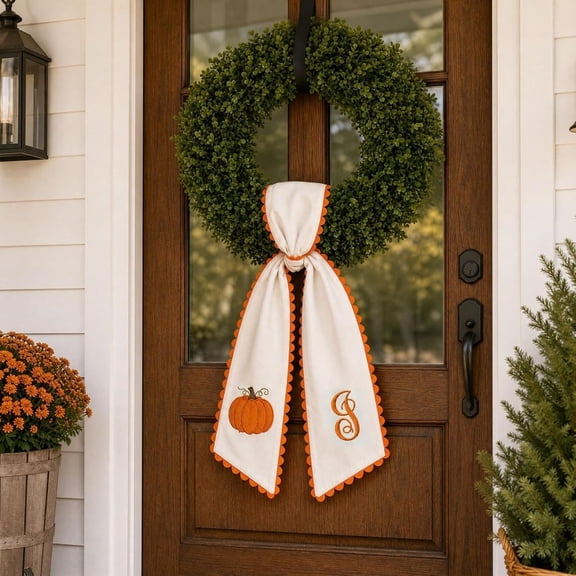 Halloween Pumpkin Wreath Sash Fall Front Door Orange Bow Decor, Embroidered Scalloped Trim Farmhouse Autumn Wreath Accessory