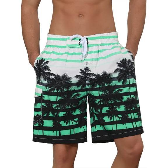 NOMADIC NOOK Men's Color Block Tropical Trees Printed Striped Beach Shorts 2 Pack