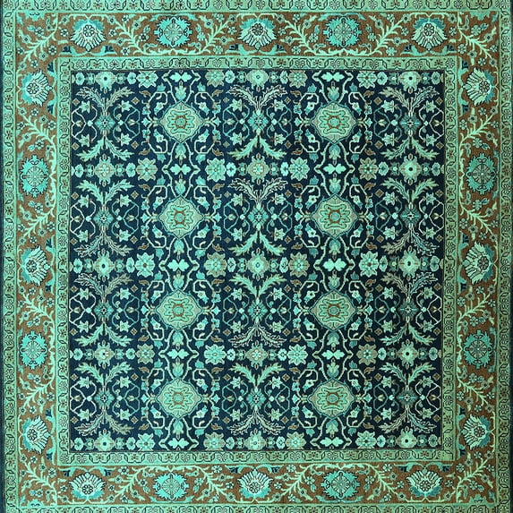 Ahgly Company Machine Washable Indoor Square Oriental Turquoise Blue Traditional Area Rugs, 6' Square