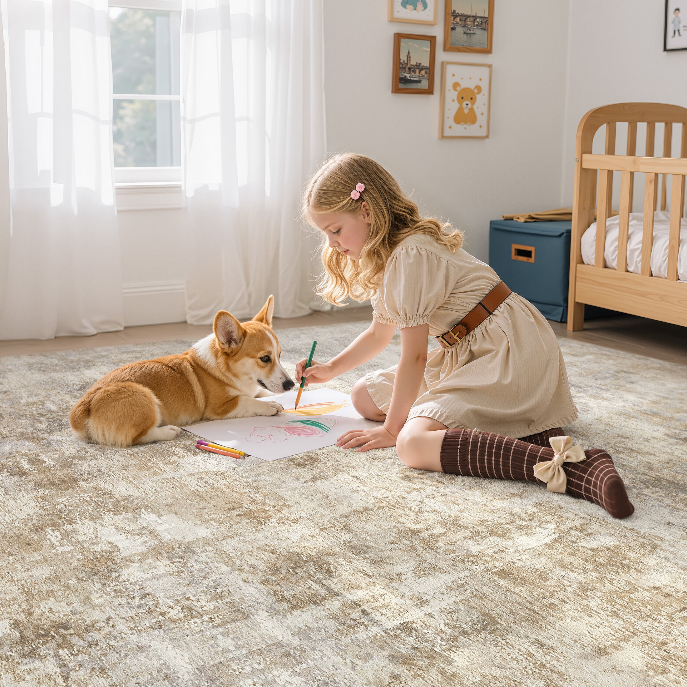 UERMEI 9x12 Washable Area Rugs for Living Room, Modern Abstract Printed Rug, Vacuum-Friendly, Non Slip Indoor Rug for Bedroom Dining Room Home Decor Carpet, Gold/Brown