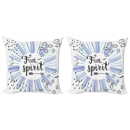 Adventure Throw Pillow Cushion Cover Pack of 2, Free Spirit Words on Watercolor Backdrop Stars Clouds Crescent Moon Artwork Print, Zippered Double-Side Digital Print, 4 Sizes, Blue Black, by Ambesonne