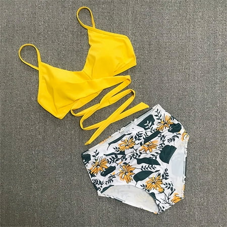 

Cathalem Sports Bra And Shorts Set Swimwear Push Print Bathing Up High waist Set Bikini Women Swimsuit plus Swim Suit Underwear Yellow Small