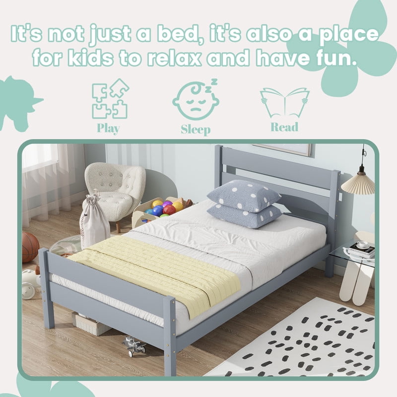 Mirightone Twin Platform Bed with Headboard & Footboard, Twin Wood Bed Frames for Teens, Adults, Grey