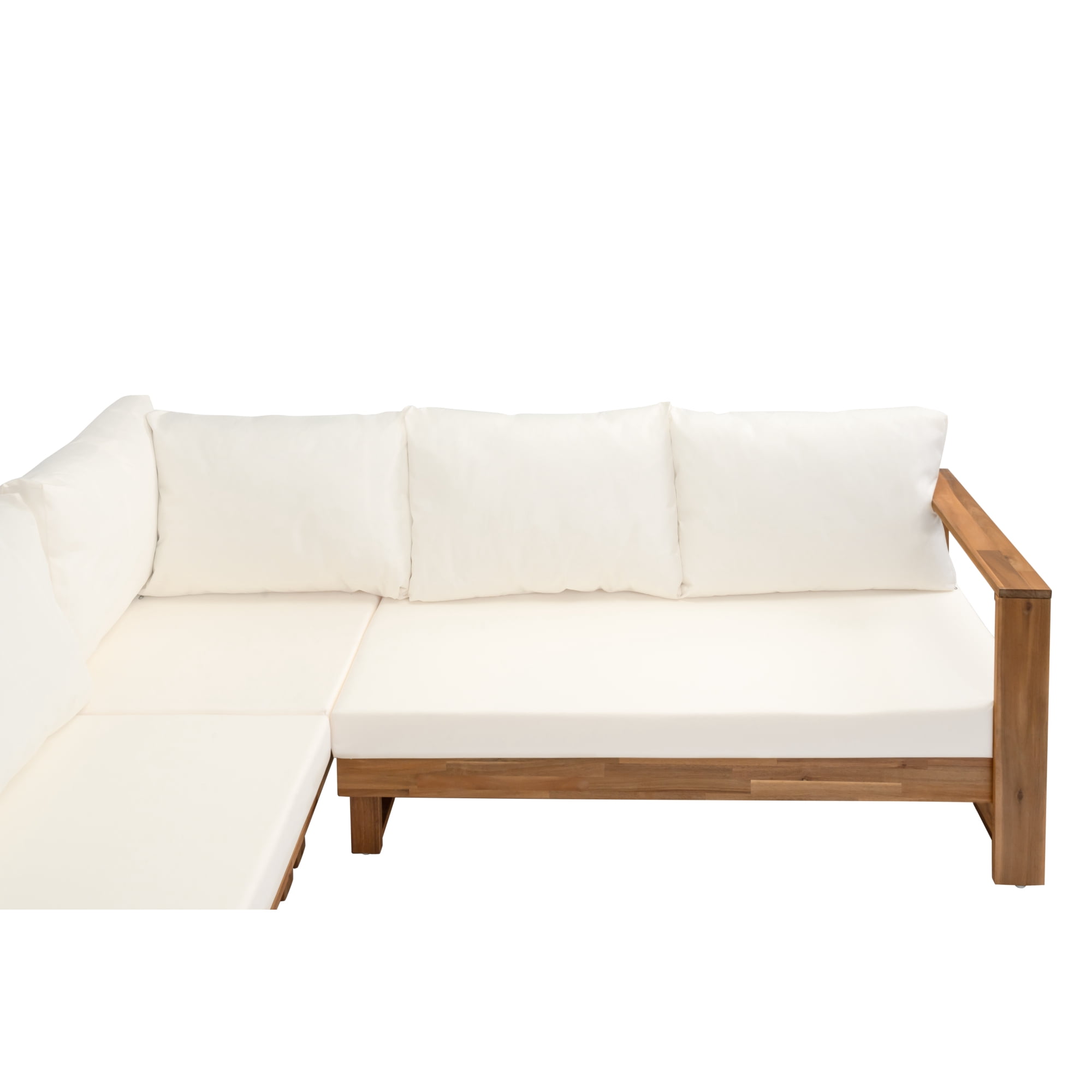 4‑Piece Acacia Wood Outdoor Sectional Patio Sofa Set, Waterproof Fabric Cushions, Cream Teak Finish, L‑Shape Conversation Furniture Set for Backyard Garden Deck