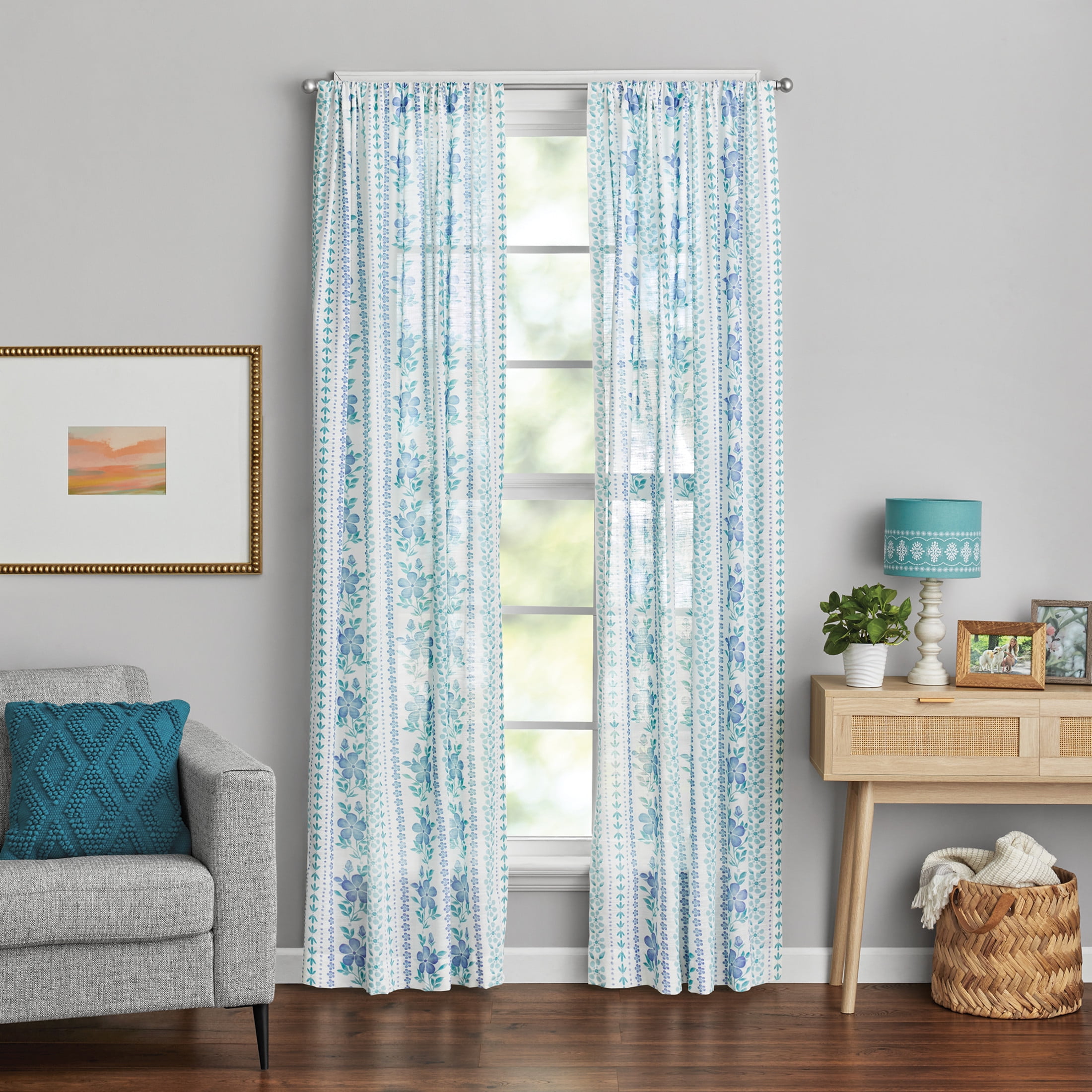 The Pioneer Woman Hattie Stripe 2 Pack Curtain Panel, BCI Cotton, Floral, Blue, RodPocket, 40" W x 84" L