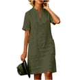 thumbnail image 3 of VBVC Women's V-Neck Stand Collar Shirt Dress,Button Detail Short Sleeve Midi Dress For Women,Ladies Summer Breathable Dress with Pockets,Army Green,S-2XL, 3 of 8