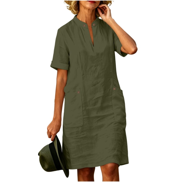 women boho loose mini dress Uscallm Women's Short Sleeve Collared V Neck Fit Solid Casual Summer Lightweight Party Dress, Army Green XL robe bandage Color:SIENNA ROSE flowy mini dress One of our favorite