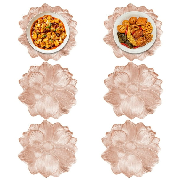 6 Pack Round Flower Table Mats, Waterproof & Oil-Proof,10cm Lotus-Shaped Heat-Resistant and Washable Placemat, Floral Placemats, Silicone Placemats for Home Dining Wedding (Rose Gold)