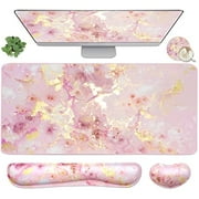 4-in-1 Large Gaming Mouse Pad, Keyboard Wrist Rest Pad & Wrist Support Mousepad Set, Extended Desk Pad Waterproof Desk Mat for Home Office Study Game-Pink Gold Marble  Pink Gold
