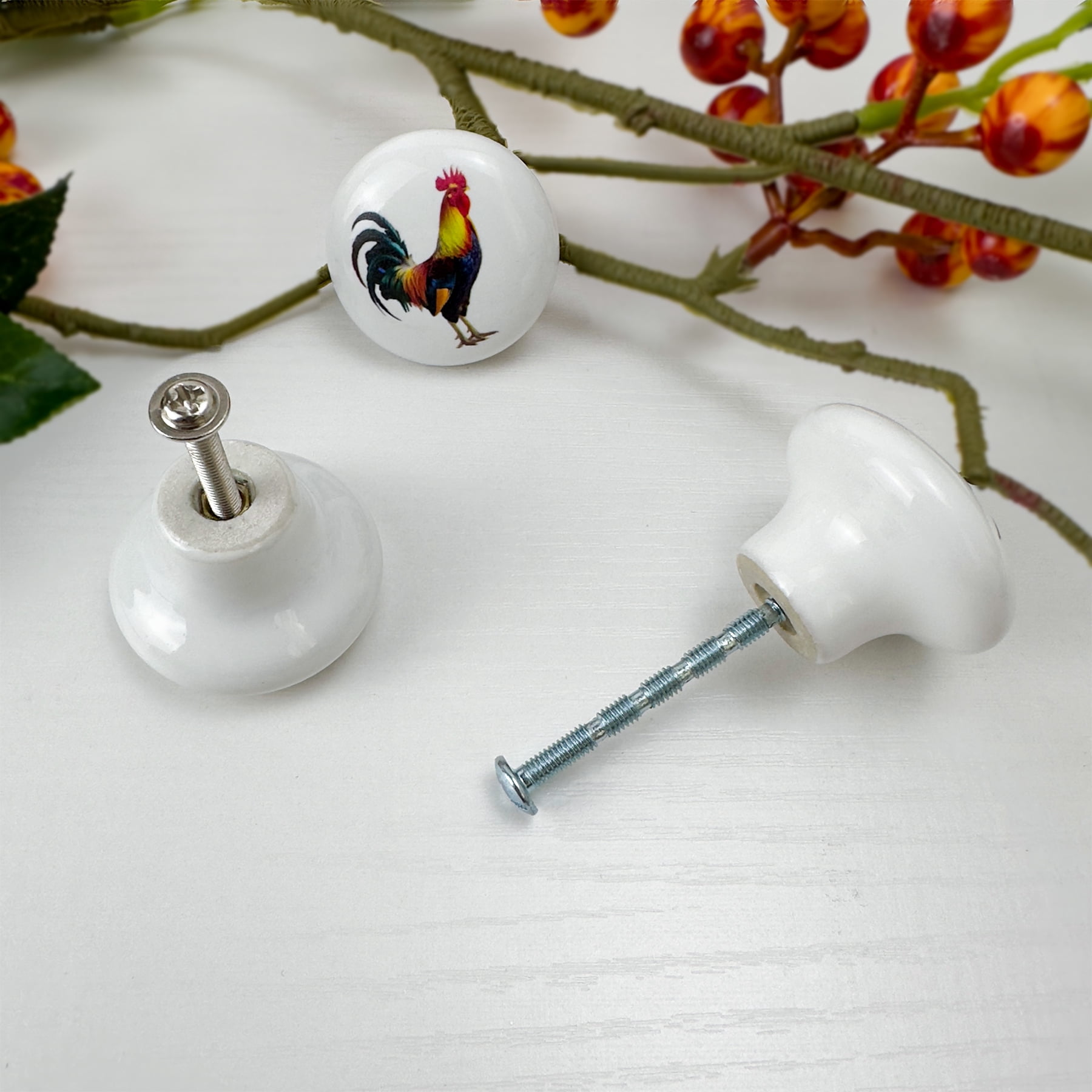 Jamjam Ceramic Animal Cabinet Knob 8Pack Rustic Farmhouse Colorful Chicken Dresser Drawers Knobs Pulls 1.5 X 1.5 Inches