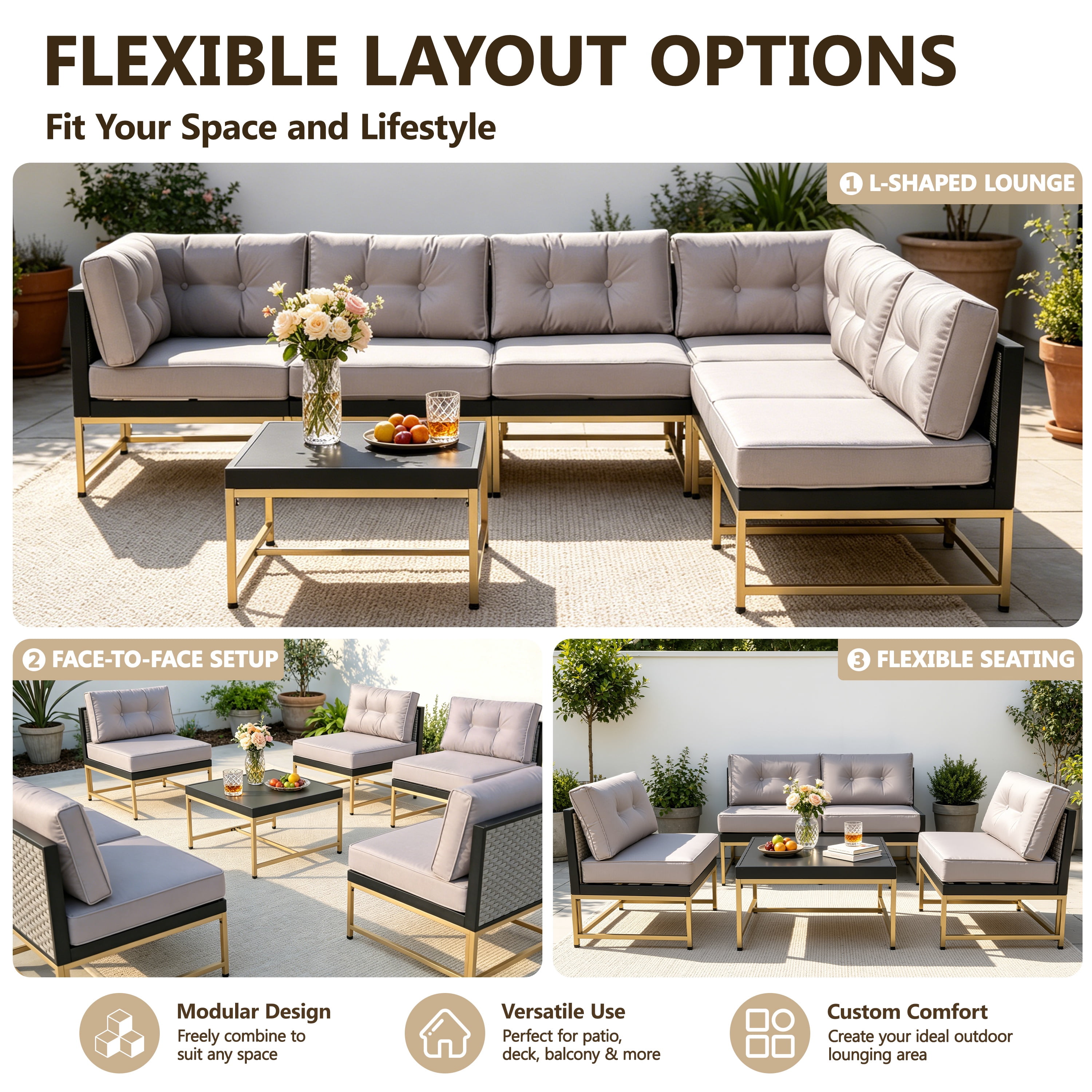 Patio Outdoor Furniture Sets, 7 Pieces All-Weather Rattan Sectional Sofa with Tea Table and Cushions, PE Rattan Wicker Sofa Couch Conversation Set for Garden Backyard Poolside