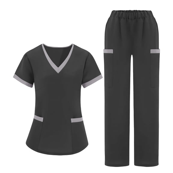 jobturf Color Block Scrubs for Women Set V Neck Scrub Top and Straight Leg Pants Nurse Uniforms 2 Piece Sets with Pockets Work Outfits S-XXL