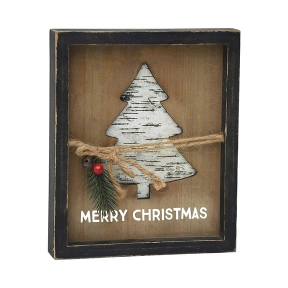 Parisloft Merry Christmas Framed Wood Wall Sign with Cutout Christmas Tree