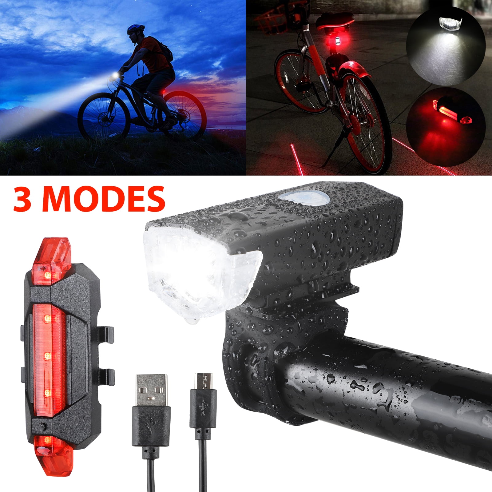 LED Bike Lights for All Bicycle USB Rechargeable Waterproof Red White Road & MTB 