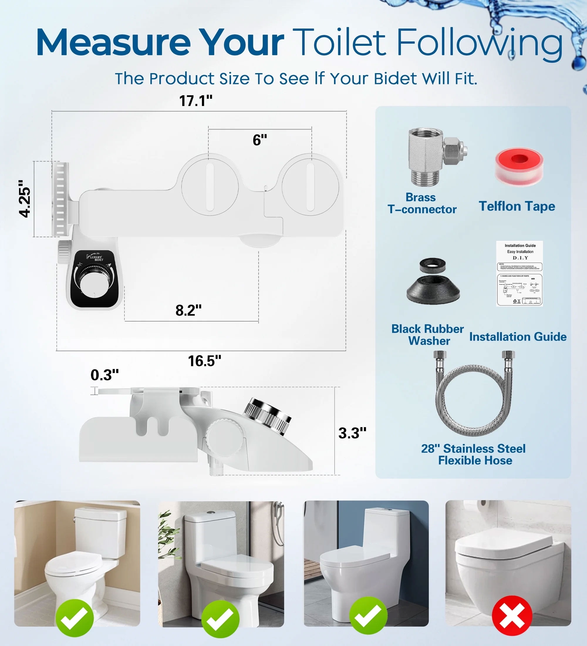 DTIG Dual Nozzles Non-Electric Bidet Toilet Attachment with Filtration, Adjustable Pressure and Self-Cleaning，for Feminine & Posterior Wash