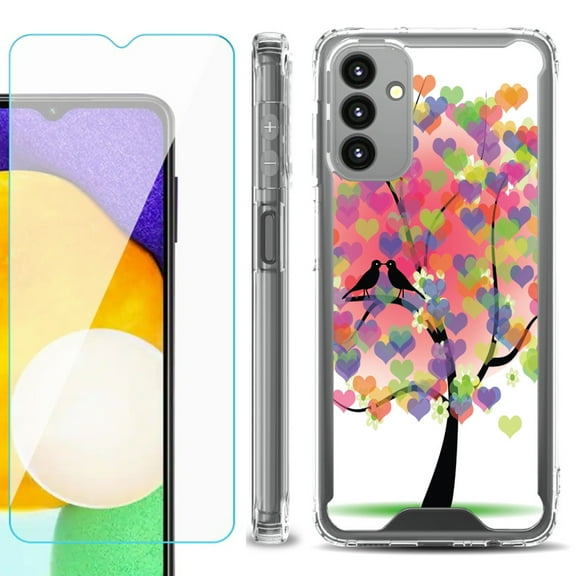 Shockproof Bumper Phone Case for Samsung Galaxy A13 5G, with Tempered Glass Screen Protector, by OneToughShield ® - Color Hearts Tree