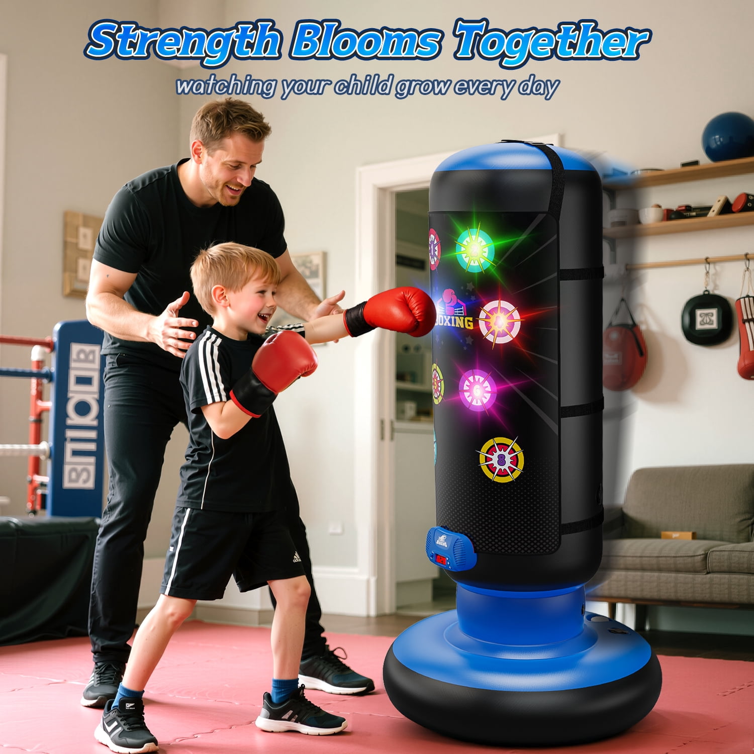 Carsky Kids Punching Bag with Light & Sound, Blue Inflatable Boxing Toy with Gloves, Scoring System, 4 Play Modes, Indoor Outdoor Fitness Toy Gift for Boys and Girls Ages 4-12