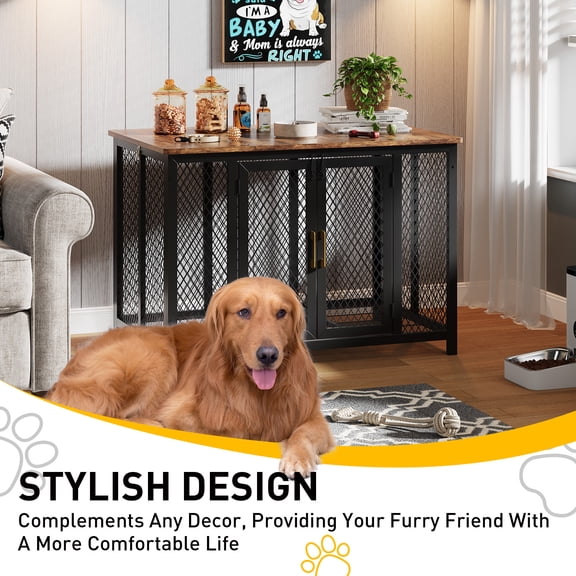 48" Heavy Duty Dog Crate with Anti-Chew Design | Rustic Brown Kennel End Table (118.5x78x82.5cm)
