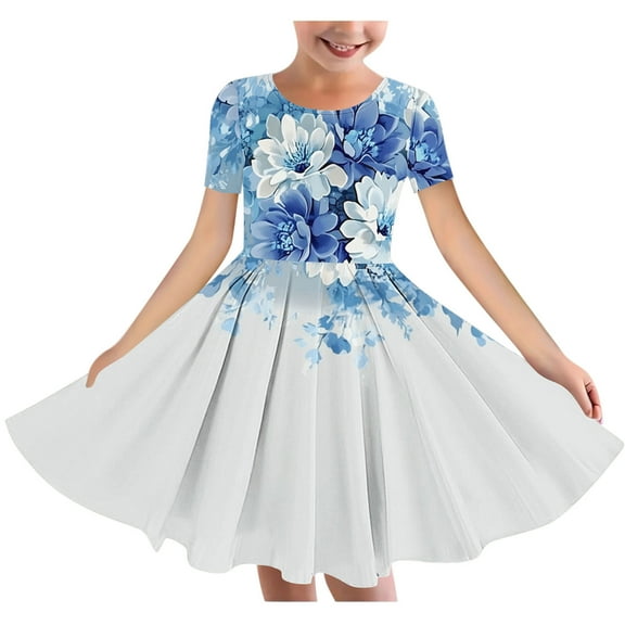 SGFCWSX Girls Short Sleeve Skater Dress Kids Crewneck Butterfly Floral Print Swing Dress for Spring Summer Casual Play Multicolor Size 11-12 Years