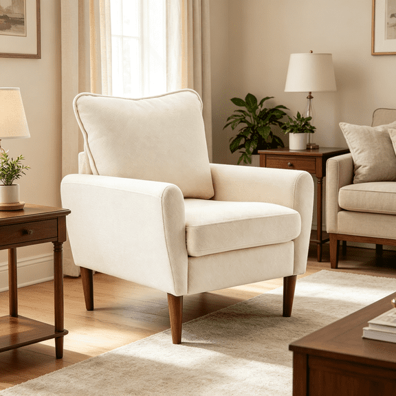 Wide Accent Chair with Pillow, Upholstered Lounge Chair, Mid-Century Modern Style, 380 lb Capacity, Solid Wood Feet, Beige