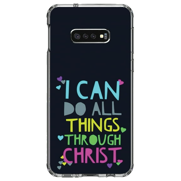 DistinctInk Clear Shockproof Hybrid Case for Samsung Galaxy S10e (5.8" Screen) - TPU Bumper, Acrylic Back, Tempered Glass Screen Protector - I Can Do All Things Through Christ - Christ