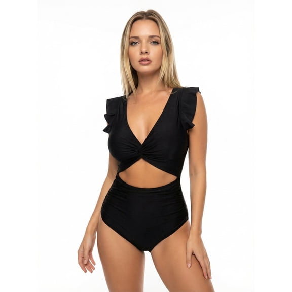 Women's V Neck Ruffle Cutout One Piece Swimdress, Tummy Control Swimwear with Wrap Design, Sizes S‑XXL