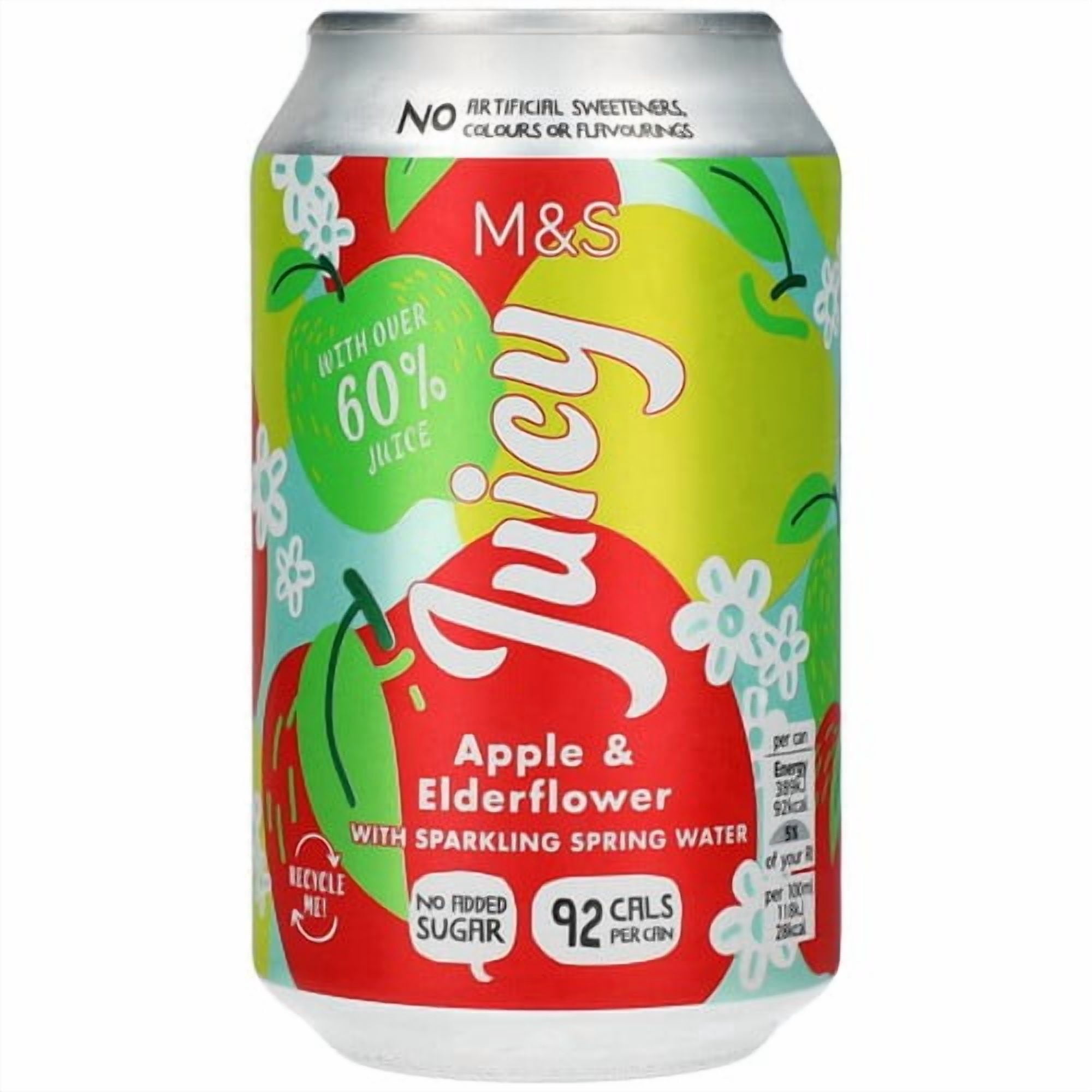 M&S Juicy Apple & Elderflower with Sparkling Spring Water Multipack 4 x 330ml, British Import (Pack of 2)