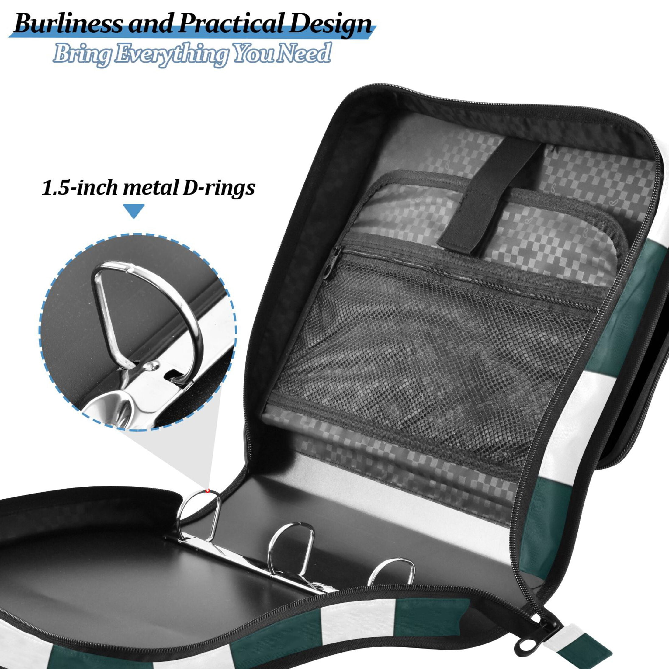 3 Ring Zipper Binder with Shoulder Strap Waterproof Trapper Keeper 2 Inch D-Ring 500 Sheets Capacity Dark Green and White Striped