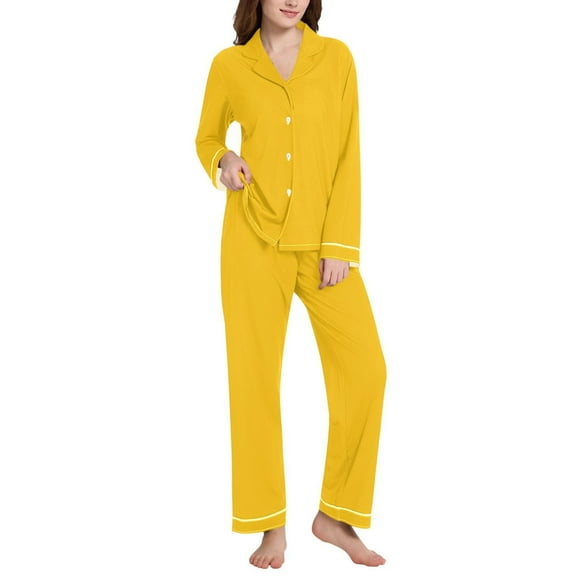 joogoo Solid Yellow Pajamas Set for Women Long Sleeve Pjs Loungewear L
