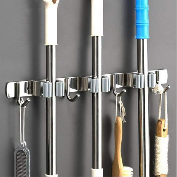 Soporte para escoba y fregona, herramienta organizadora de almacenamiento montada en la pared de acero inoxidable para cocina, garaje, jardín, terreno, baño, organización y almacenamiento, 2 estantes