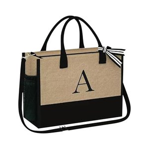YOOLIFE Initials Jute Tote Bag and Cosmetic Bag Beach Tote Bag with Zipper Pocket Adjustable Strap Birthday Gift for Women