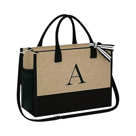 Apmemiss Clearance YOOLIFE Initials Jute Tote Bag and Cosmetic Bag Beach Tote Bag with Zipper Pocket Adjustable Strap Birthday Gift for Women Room Decor