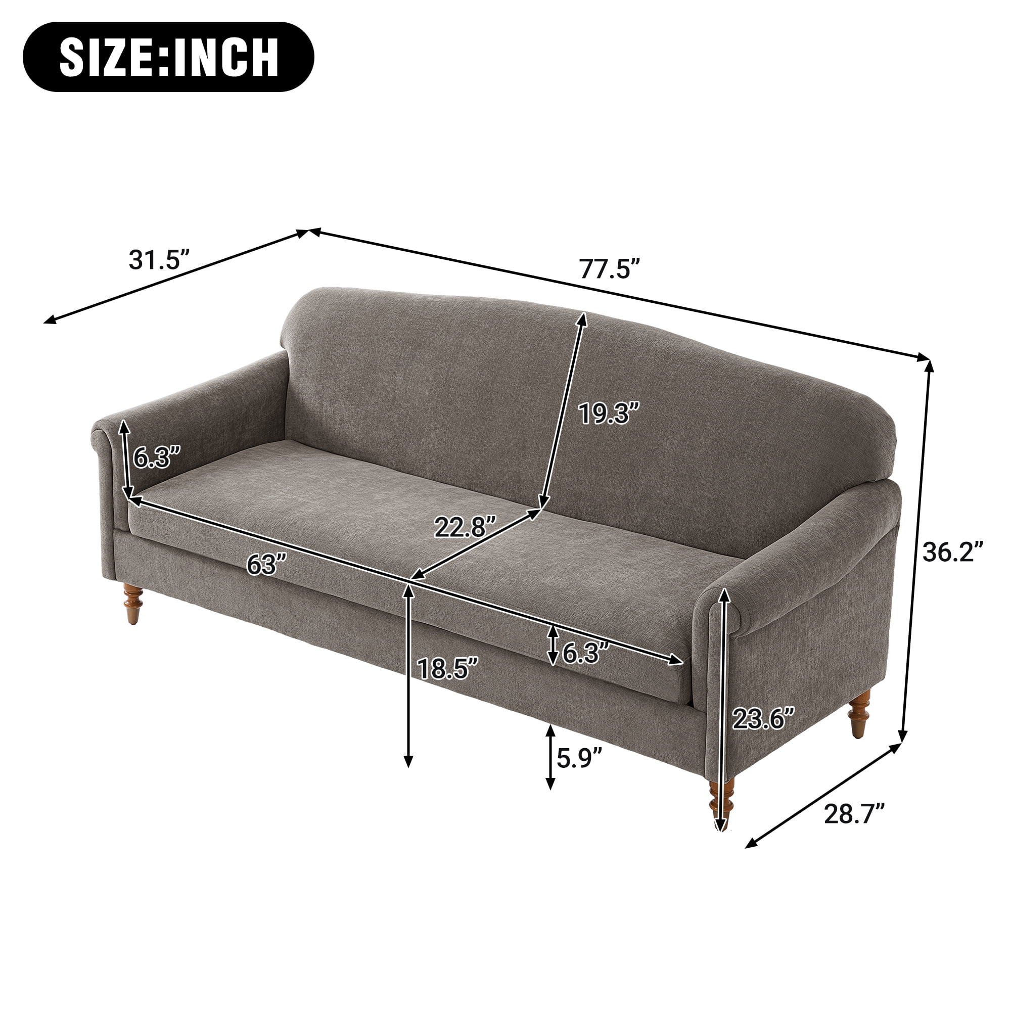 Elegant 77.5-Inch Loveseat Sofa with Rolled Arms and Chenille Upholstery, 2-Seater Couch for Living Room and Reading Corner, Brown