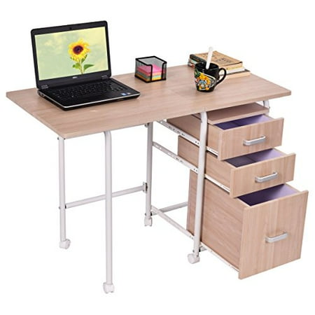 - New Folding Computer Laptop Desk Wheeled With 3 Drawers Home Office Furniture Steel tube and MDF panel