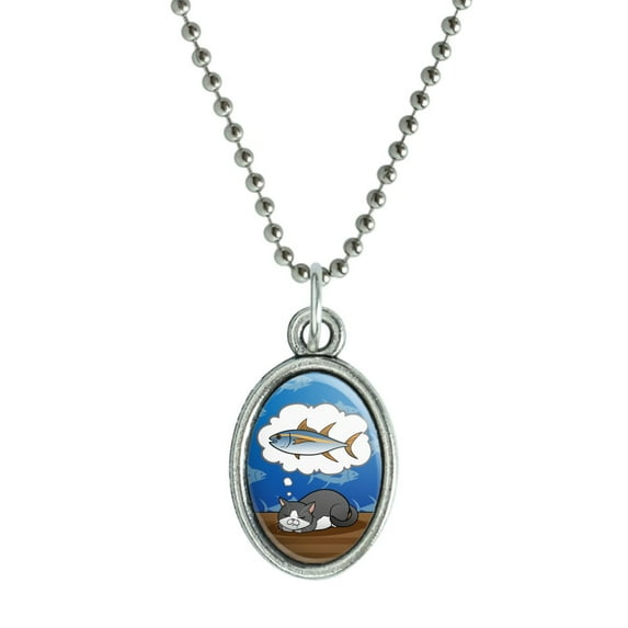 Cat Dreaming of Fish Antiqued Oval Charm Pendant with Chain