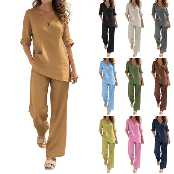 Bloomae Two Piece Linen Loungewear Sets for Women Trendy Summer Short Sleeve V Neck Gauze Shirts and Elastic Waist Wide Leg Baggy Pants Loose Fit Cozy Beach Vacation Outfit Clothes
