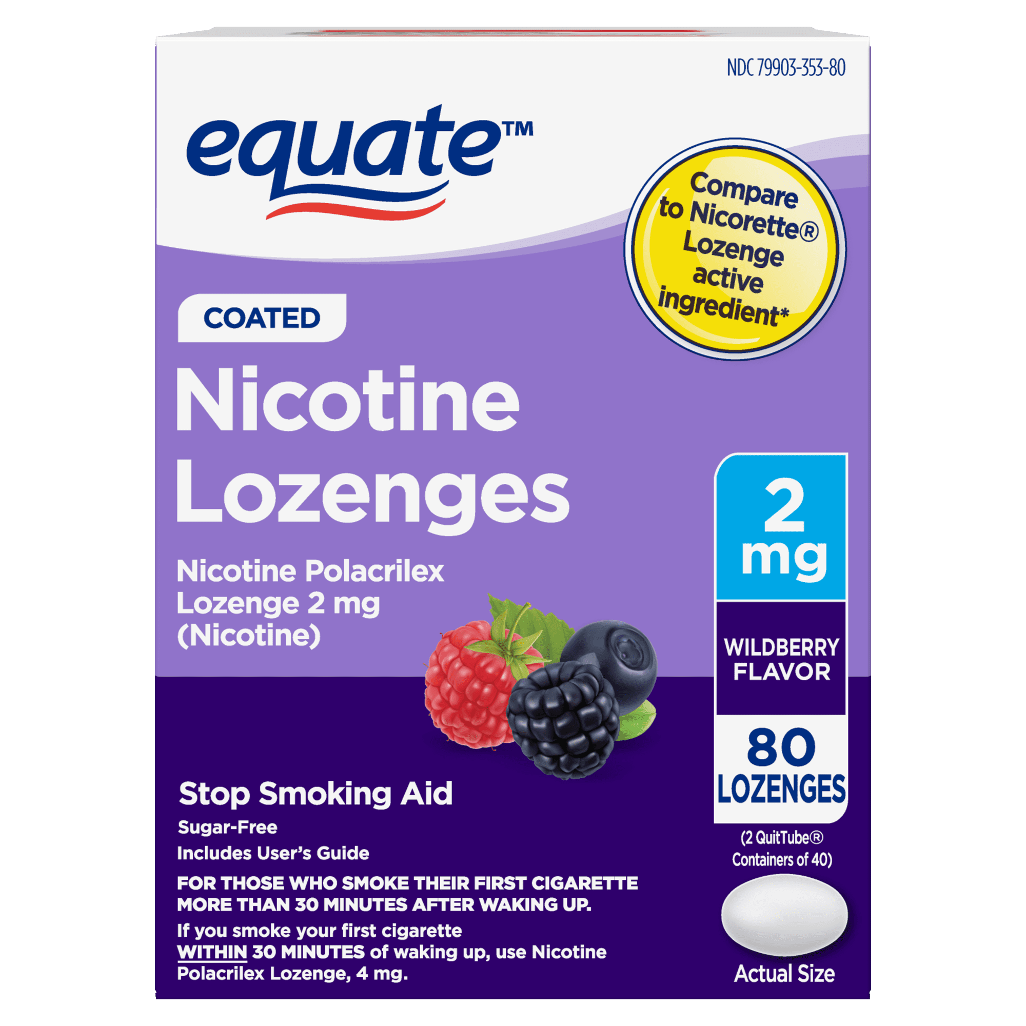 Equate Nicotine Polacrilex Coated Lozenge, 2 mg, Wildberry Flavor, Stop Smoking Aid, 80 Count