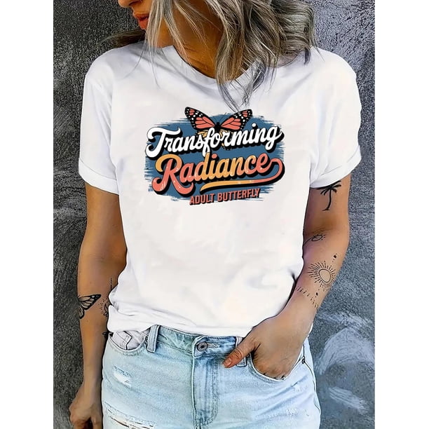 Transforming Radiance Butterfly Print T-Shirt for Women - Casual Style, Crew Neck, Short Sleeve, Polyester & Spandex Blend, Medium Stretch, Comfortable Fit, All-Season Wear