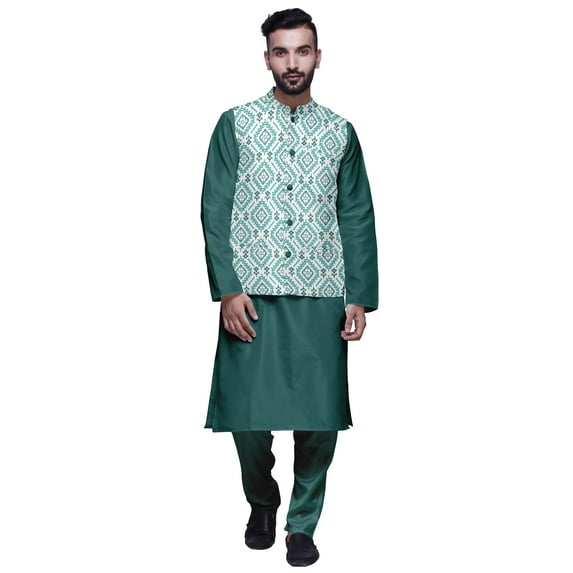 Atasi Ethnic Dupion Silk Kurta Pyajama Set With Printed Nehru Jacket For Mens