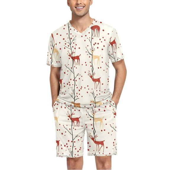 joogoo Men's Pajama Set Christmas Reindeer V-Neck Pj Shorts Set 2 Piece Loungewear Sleepwear L