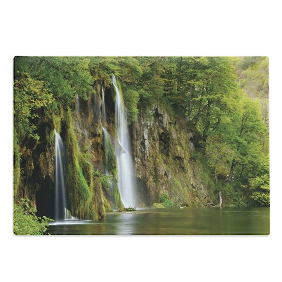 Nature Cutting Board, Majestic Waterfall Flowing down to River in National Park Fresh Landscape, Decorative Tempered Glass Cutting and Serving Board, Large Size, Green Brown White, by Ambesonne