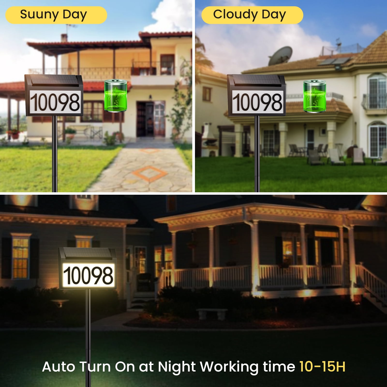 Solar Address Signs for Yard, Solar Powered House Numbers for Outside Light Up with 3-Color in 1, IP65 Waterproof LED Illuminated Plaques In Ground for Patio, Garden