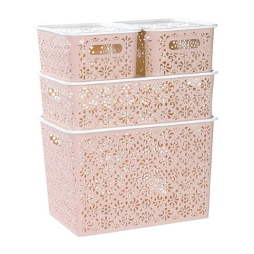 TEAFIRST Set of 4 Storage Bins, Organizer Container with Lids Stackable for Bathroom, Plastic, Pink