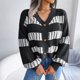 thumbnail image 3 of Suéter de mujer Mangas de linterna Cuello en V Costuras Bloque de color Suéter de ajuste casual para invierno Negro S, 3 of 8