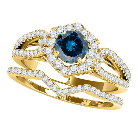 Mauli Jewels Engagement Rings for Women 1.50 Carat Halo Blue Diamond Bridal Set Prong-Setting 14k Yellow Gold