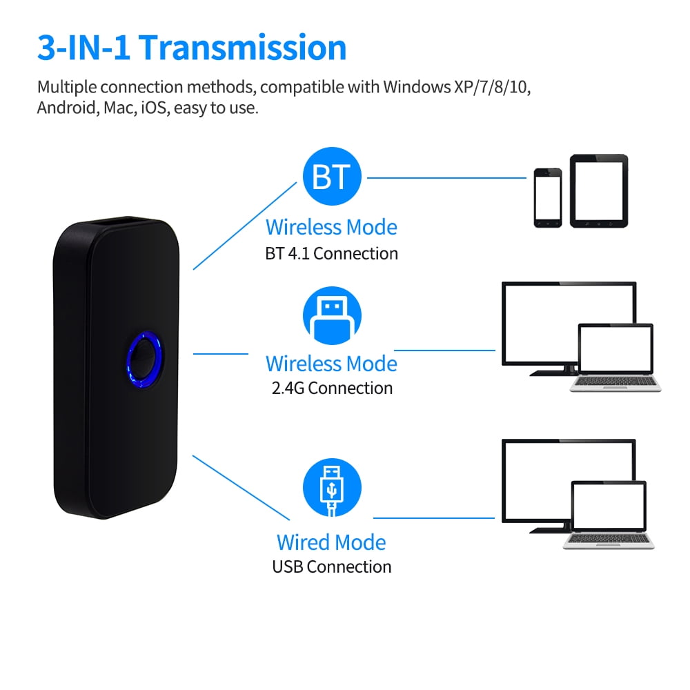 Aibecy Handheld 3-in-1 Barcode Scanner 1D Bar Code Reader Support BT & 2.4G Wireless & USB Wired Connection Compatible with Windows Android iOS for Supermarket Retail Logistics Warehouse