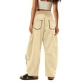 thumbnail image 3 of Dweltoz Women's Barrel Leg Sweatpant Drawstring High Waisted Wide Leg Pants Color Block Barrel Trousers Lounge Palazzo Pant with Pockets,Beige L, 3 of 4
