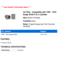 thumbnail image 2 of Air Filter - Compatible with 1989 - 1992 Dodge W350 5.9L 6-Cylinder 1990 1991, 2 of 2