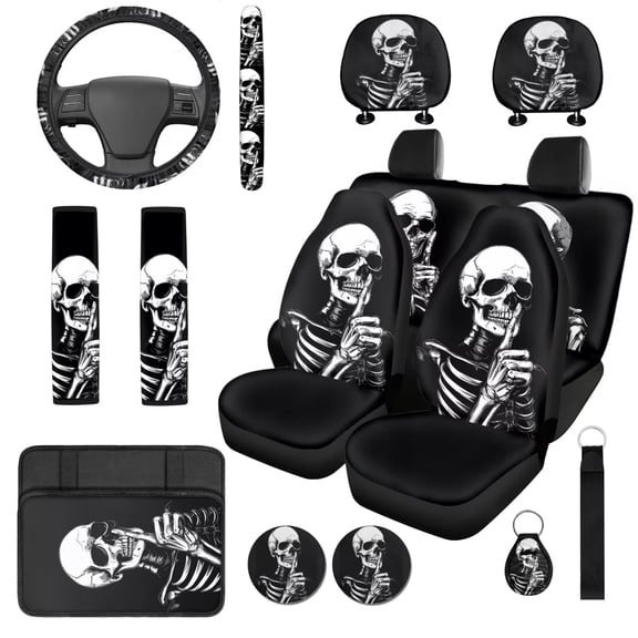 Uorisanigo Halloween Skeleton 14 Pack Car Accessories Set with Cars Seat Covers Auto Steering Wheel Accessories and Seat Belt Pads Armrest Cover and Water Cup Pad Soft Universal Fit Car SUV